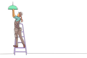 Single continuous line drawing female painter with bucket of paint and paint roller. Professional repairwoman in overalls on the background of apartment renovation. One line draw graphic design vector