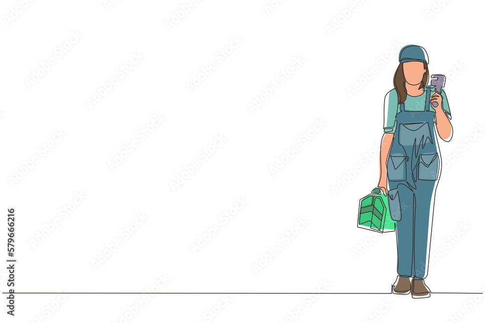 Poster single one line drawing woman plumber holding wrench and tools box in hands stands isolated. profess