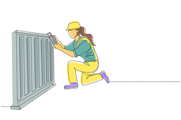 Obraz premium Single continuous line drawing plumber repair and installation of batteries. Repairwoman fixing pipes in heater battery radiator. Repair, maintenance professional service. One line draw design vector