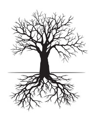 Black Tree with Roots. Vector outline Illustration.