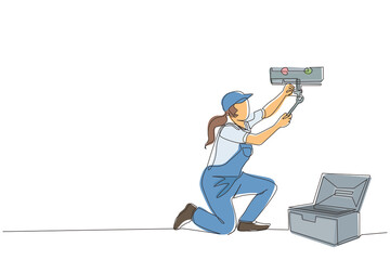 Single one line drawing female plumber in overall is installing water heater or boiler. Home repair, maintenance and plumbing services. Handywoman concept. Continuous line draw design graphic vector