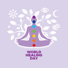 World Healing Day vector illustration. Woman with aura sitting in yoga pose silhouette. Meditating person with chakras graphic design element. Alternative medicine vector. Esoteric symbol icon set