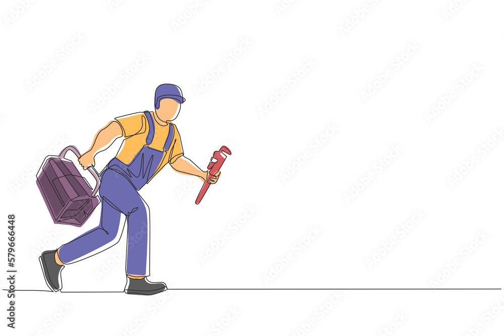 Poster continuous one line drawing mechanic repairman worker with tools is running. technical service. plum