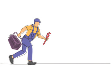 Continuous one line drawing mechanic repairman worker with tools is running. Technical service. Plumber with monkey wrench and toolbox run forward. Single line draw design vector graphic illustration