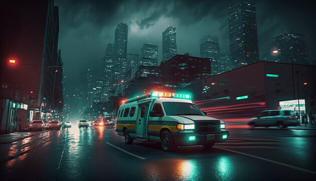 Ambulance rushing through the night city streets - Ai generative
