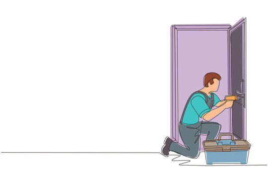 recommend clip art: Single continuous line drawing door service. Repairman in the uniform with special equipment repair door element. Locksmith fix lock. Construction services. Dynamic one line draw graphic design vector