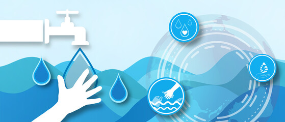 World Water Day and Water Savings Campaign for ecology environmental protection concept and Paper Cut style. lifestyle, Natural, environment, banner, copy space, website -3d Rendering