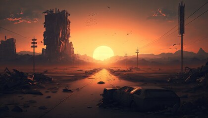 Dystopian apocalyptic landscape. futuristic illustration. AI generated	
