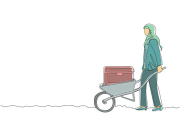 Continuous one line drawing Arabian businesswoman wipes sweat on her forehead while digging hole. Worker never give up to finish her job. Work hard. Single line draw design vector graphic illustration