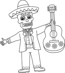Mexican Mariachi Skeleton Isolated Coloring Page 