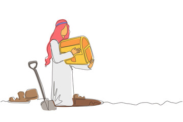Single continuous line drawing happy man hunter seeker hold chest find treasure in ground. Excited Arabian businessman with gem artefact. Treasure gold hunting. One line draw graphic design vector
