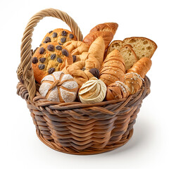 Large basket full of assorted breads isolated on white background. Ai generated art
