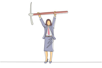 Continuous one line drawing businesswoman standing and lifting big pickaxe. Business concept. Depicts hard work, success, achievement, discovery. Single line draw design vector graphic illustration