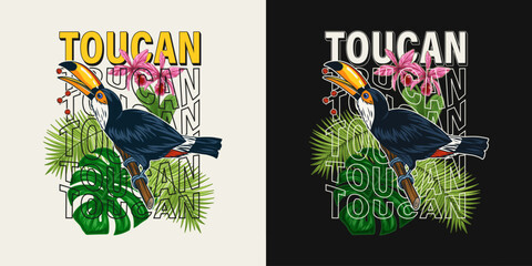 Label with toucan bird, tropical foliage, distorted typography with word Toucan. Bird sitting on tree branch and eating seeds. Detailed illustration for prints, clothing, t shirt design © OA_Creation