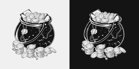 Cast iron pot full of gold coins, ingots, pearls, chains in vintage style. Detailed monochrome vector illustration for Patricks day, treasure hunt, adventure. © OA_Creation