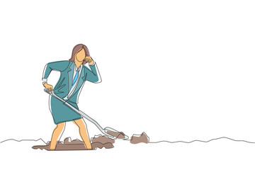 Continuous one line drawing businesswoman wipes sweat on her forehead while digging hole. Worker never give up to finish her job. Work hard concept. Single line draw design vector graphic illustration