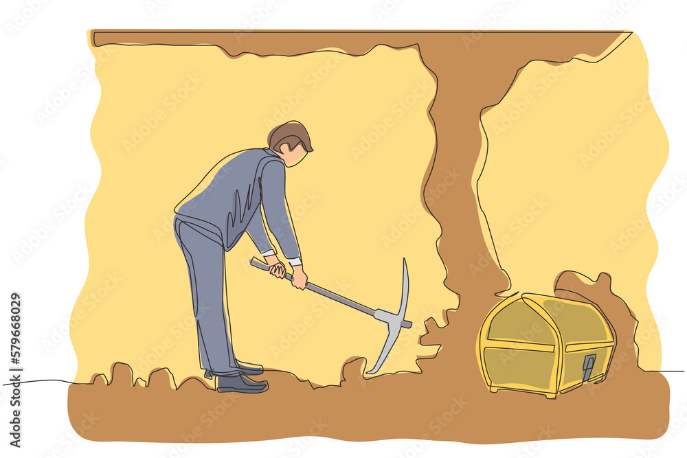 Aufkleber single one line drawing businessman digging with pickaxe looking for hidden treasures. man digging a