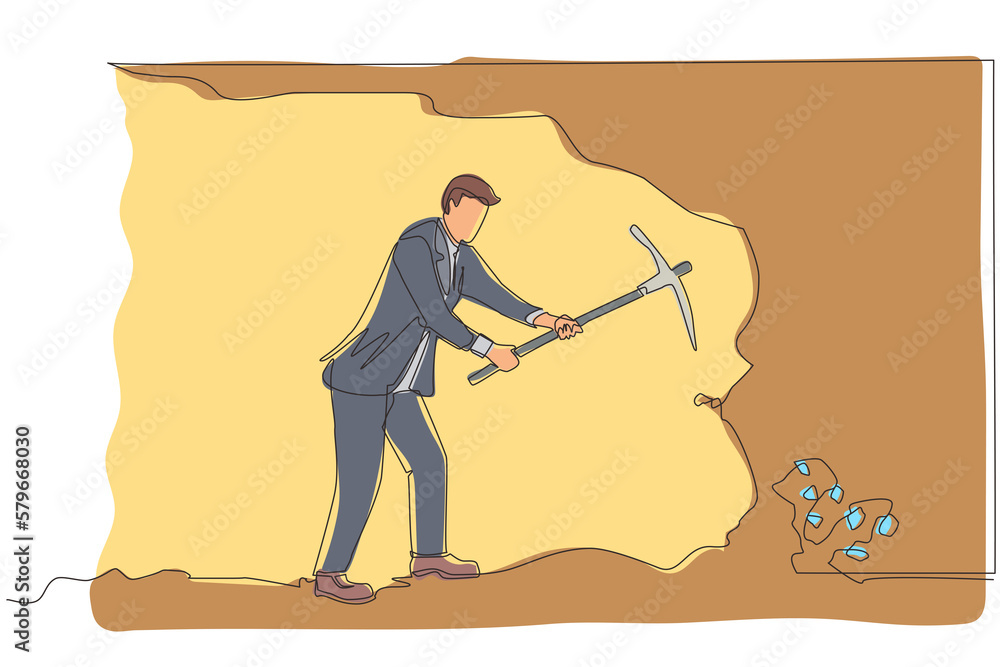 Poster single continuous line drawing businessman digging with pickaxe to get diamond. worker digging and m