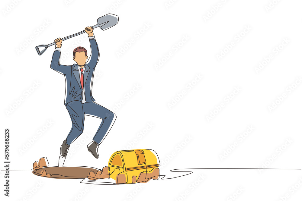 Poster single continuous line drawing businessman in hole prancing happily while lifting shovel with both h