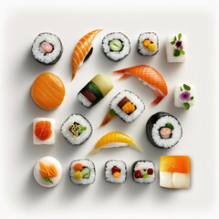 Assorted of Japanese sushi, nigiri and maki pieces isolated on white background. Ai generated art