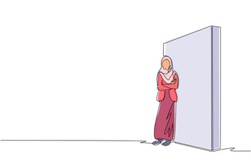 Single one line drawing Arabic businesswoman standing and lean against wall, thinking something about new business company. Full length or body. Continuous line draw design graphic vector illustration