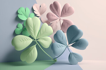 Shamrock leaves flat lay, St. Patrick day concept. AI generated image