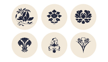 Groovy icons in Matisse style, abstract flora. Vector illustration. Set of icons and emblems for social media news covers. Design templates for yoga studio, tourism, beauty salons