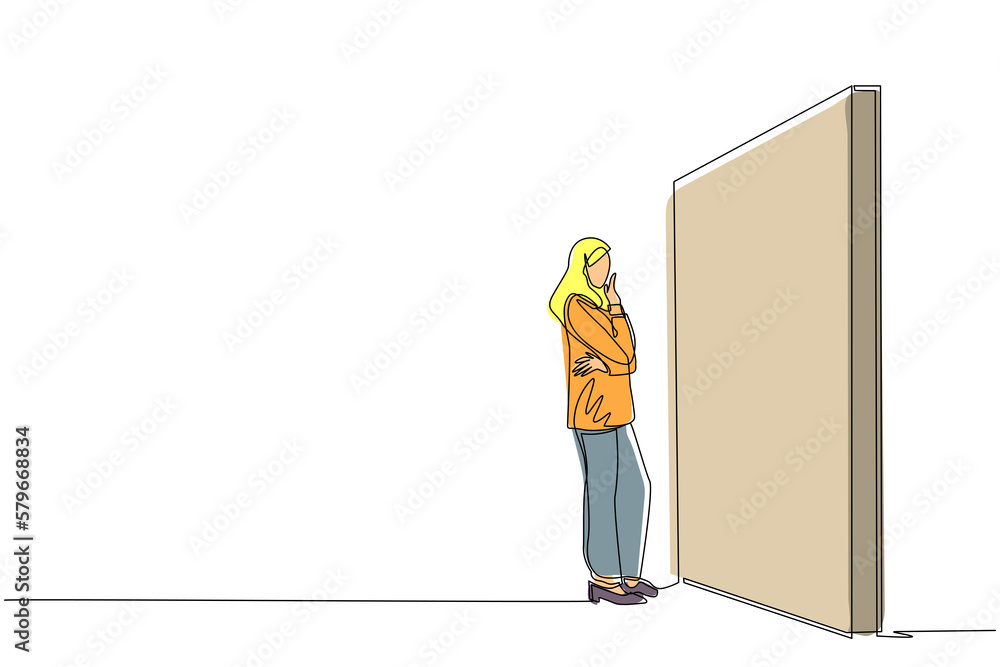 Poster single one line drawing arabian businesswoman thinking in front of big obstacle or wall. representin