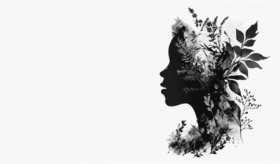 Profile of a girl with flowers with copy space. Black and white illustration. Generative AI.