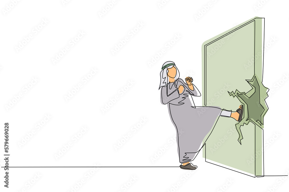 Aufkleber single continuous line drawing arab businessman doing kungfu or karate kick to destroy brick wall. b