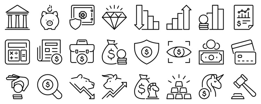 Line icons about finance on transparent background with editable stroke.