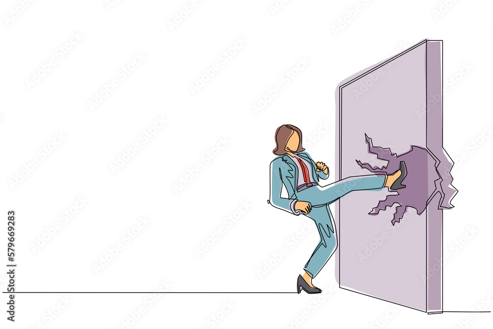 Poster single continuous line drawing businesswoman doing kung fu or karate kick to destroy brick wall. bus