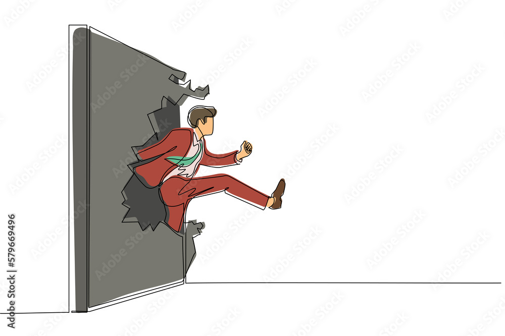 Poster single continuous line drawing businessman run and breaking through brick wall. leadership concept. 
