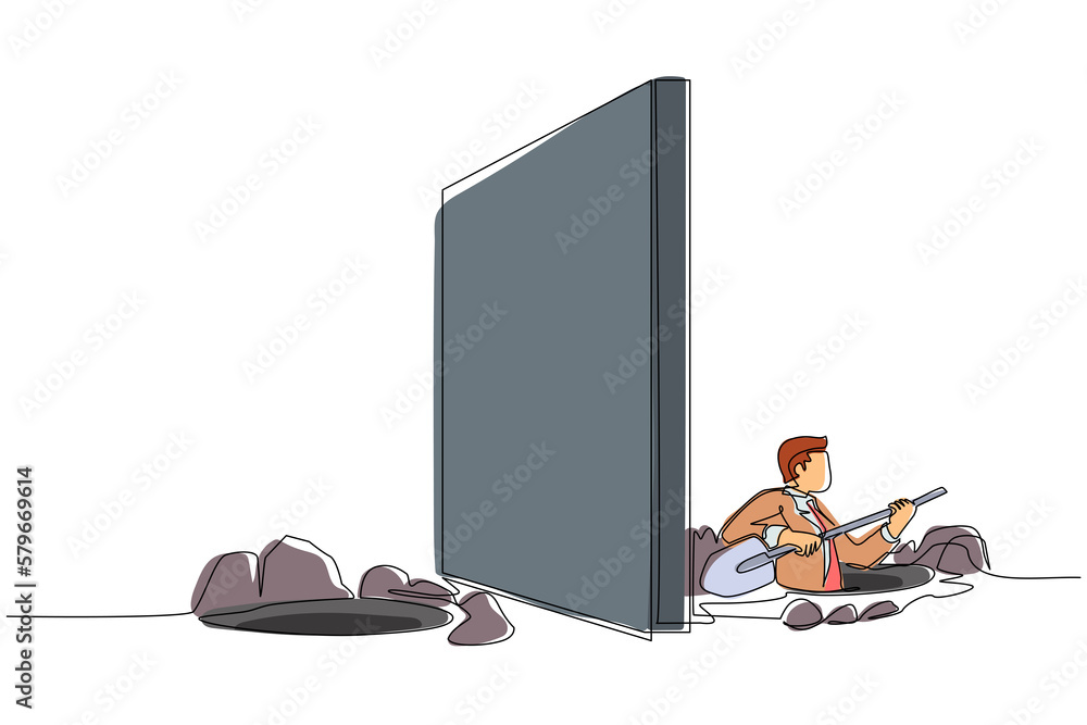 Poster single one line drawing businessman digging tunnel under wall or obstacle on border or on path to su