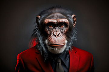 A Chimpanzee in a Red Suit, A Creative Valentine's Day Stock Image of Animals in Red Suit. Generative AI 