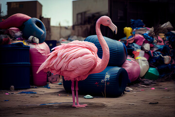 An exotic pink animal, flamingo in a landfill, a dirty ghetto street littered with trash and debris. Illustration, Generative AI.