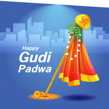 easy to edit vector illustration of Gudhi Padwa ( Lunar New Year ) spring festival for traditional New Year for Marathi and Konkani Hindus celebrated in Maharashtra and Goa