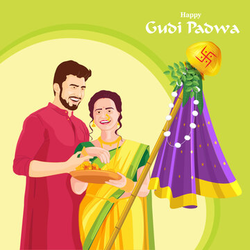 easy to edit vector illustration of Gudhi Padwa ( Lunar New Year ) spring festival for traditional New Year for Marathi and Konkani Hindus celebrated in Maharashtra and Goa