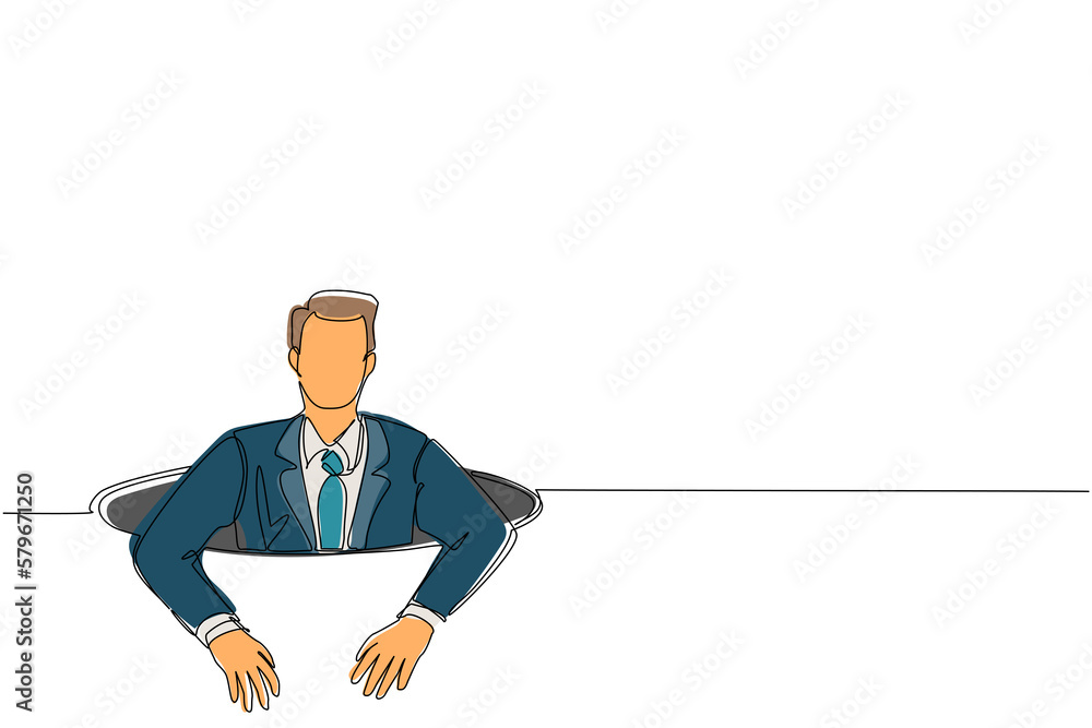 Poster single continuous line drawing businessman trying to get out of from hole, metaphor to facing big pr