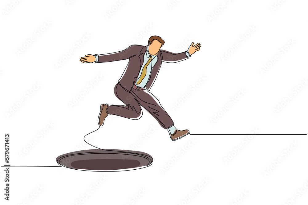Aufkleber single continuous line drawing businessman jumping through the hole, metaphor to facing big problem.