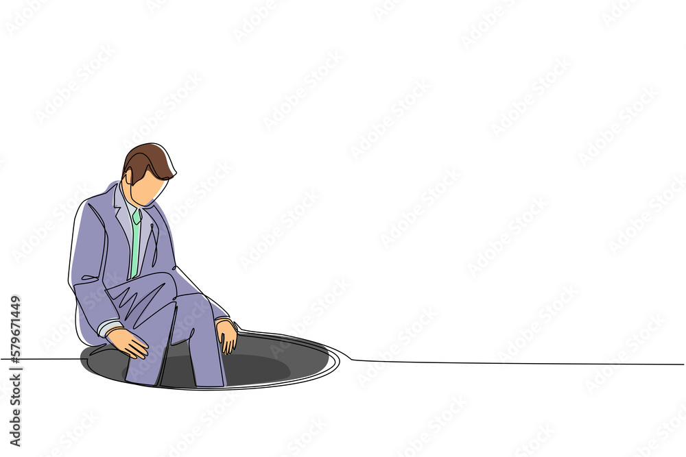 Poster single one line drawing businessman descends into the hole. concept of failure to take advantage of 