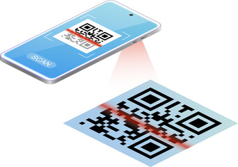 Scanning QR code to Mobile Phone isometric. QRcode frame and scanning phone. Scan me phone tag. Template for mobile app, payment, smartphone, pda, mobile phone. Electronic, barcode, digital technology