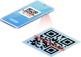 Scanning QR code to Mobile Phone isometric. QRcode frame and scanning phone. Scan me phone tag. Template for mobile app, payment, smartphone, pda, mobile phone. Electronic, barcode, digital technology