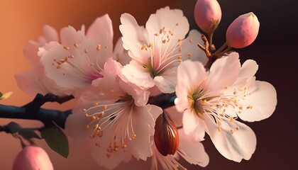Obraz na płótnie Canvas Close up of sakura flowers branch on a sunny day. Cherry blossom flowers. Generative AI