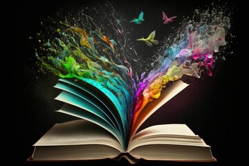 Open book with colors and butterflies flying out. Generative AI.