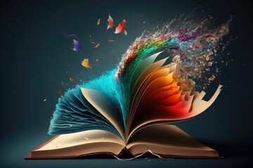 Open book splashing colors and butterflies. Generative AI.