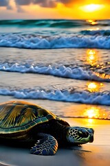 Beautiful landscape of a turtle in the waves of the beach with the last rays of the sun at sunset.
Ai generative