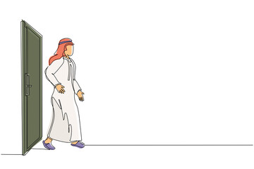Continuous one line drawing young Arabian businessman walking and leaving closed door. New business ventures. Entering new market. Career growth. Single line draw design vector graphic illustration
