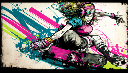 Street skater on a skateboard in a graffiti painting with action and paint splashes