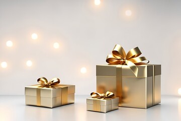 Gift boxes with golden bows. 3D realistic gift to present a cosmetic product mockup. Copy space banner for your text. Valentine's, birthday or Christmas 3d rendering. generative AI